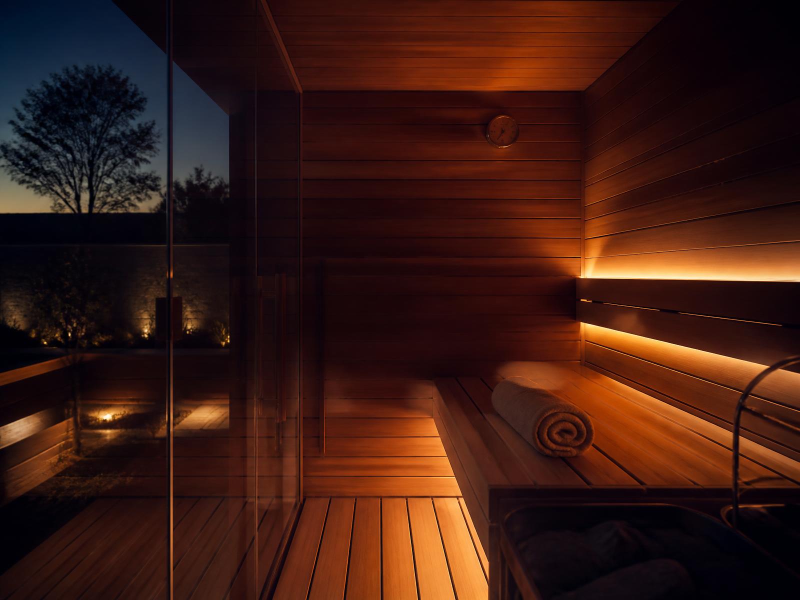 Warmly lit premium home sauna at dusk